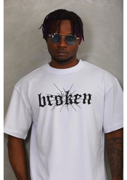 Oversize Baskılı Bisiklet Yaka T-Shirt - Beyaz modelleri