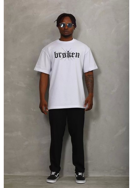 Oversize Baskılı Bisiklet Yaka T-Shirt - Beyaz fırsatları
