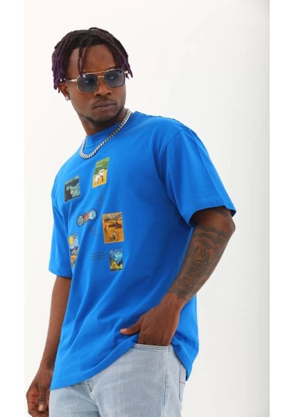 Oversize Baskılı Bisiklet Yaka T-Shirt - Mavi