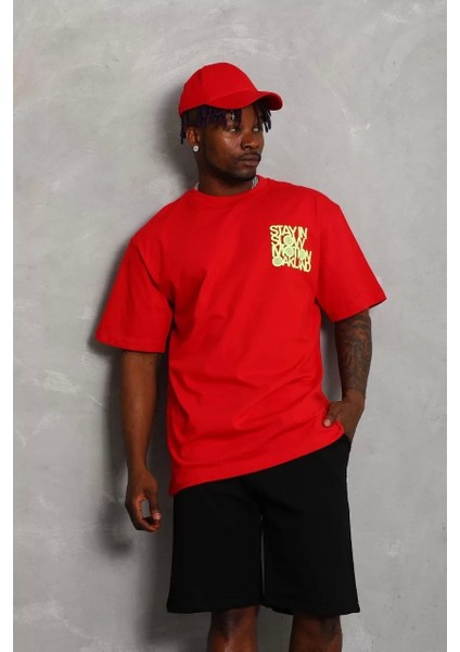 Oversize Baskılı Bisiklet Yaka T-Shirt - Kırmızı