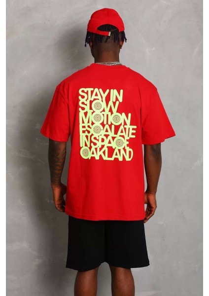 Oversize Baskılı Bisiklet Yaka T-Shirt - Kırmızı indirimleri