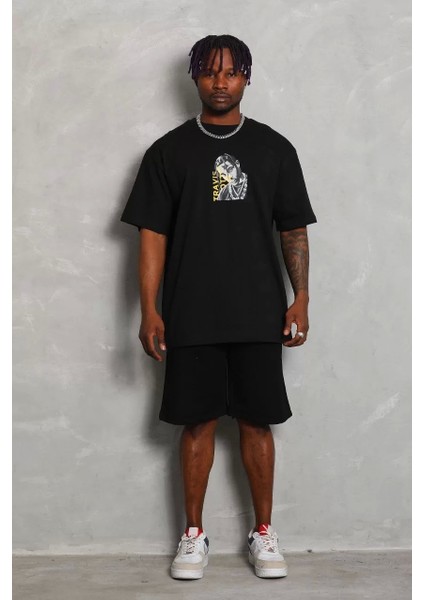 Oversize Baskılı Bisiklet Yaka T-Shirt - Siyah