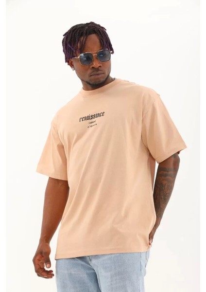 Oversize Baskılı Bisiklet Yaka T-Shirt - Bej