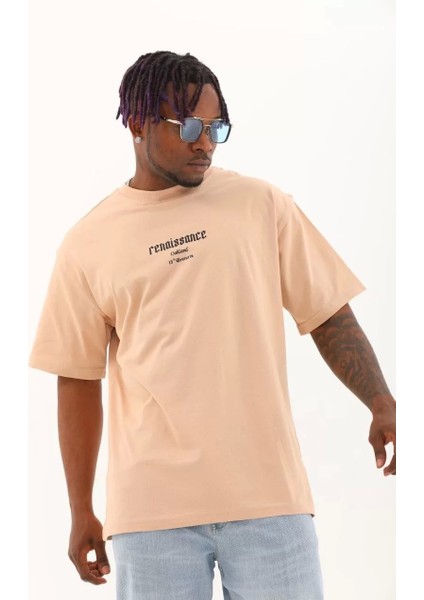 Oversize Baskılı Bisiklet Yaka T-Shirt - Bej