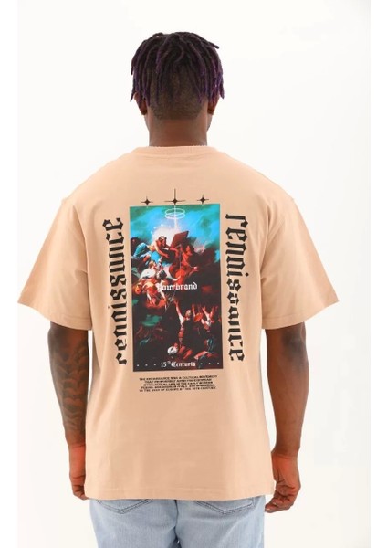 Oversize Baskılı Bisiklet Yaka T-Shirt - Bej