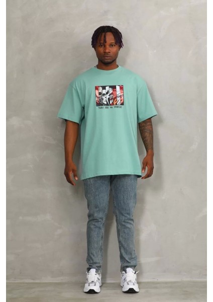 Oversize Baskılı Bisiklet Yaka T-Shirt - Mint Yeşili fırsatları