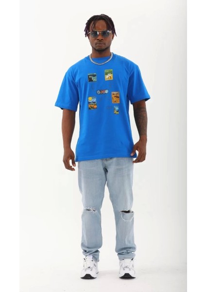 Oversize Baskılı Bisiklet Yaka T-Shirt - Mavi