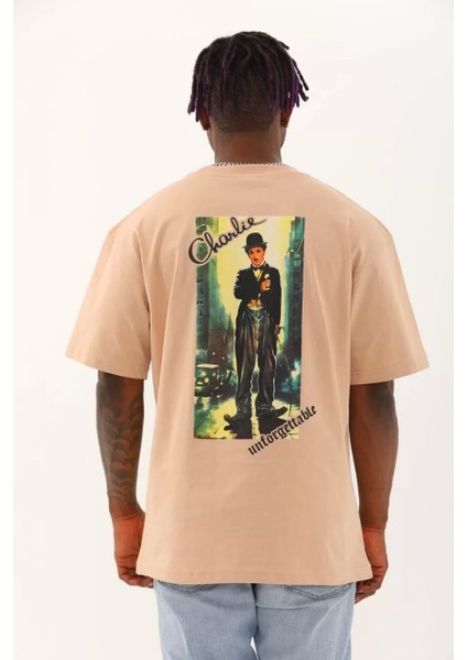 Oversize Baskılı Bisiklet Yaka T-Shirt - Bej indirimleri
