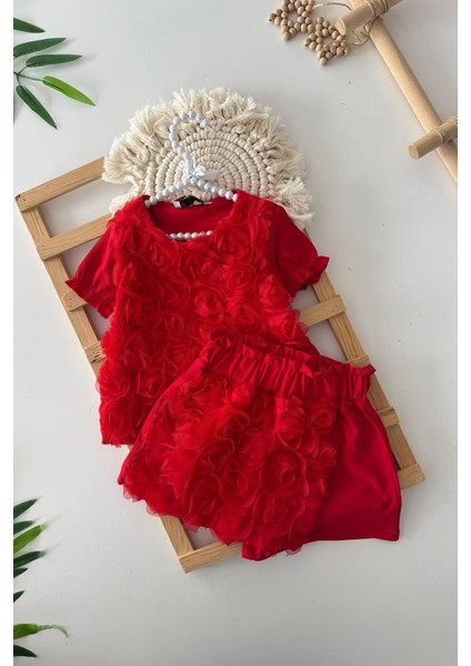 Tül Çiçek Detaylı Kız Çocuk Şort Etekli 2 li penye takım - Kırmızı