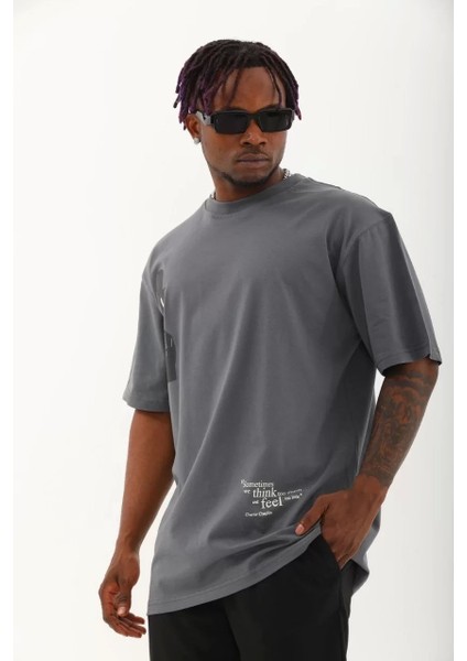Oversize Baskılı Bisiklet Yaka T-Shirt - Füme