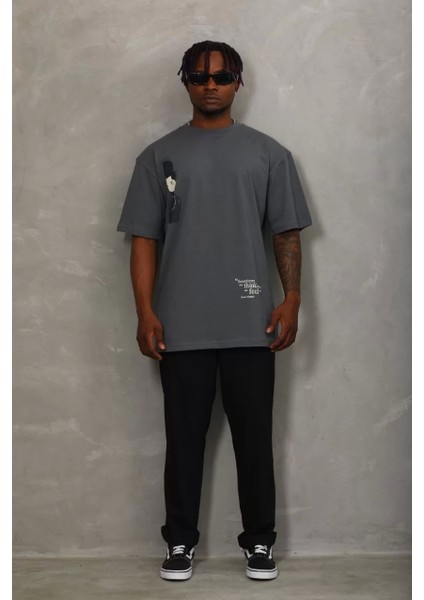 Oversize Baskılı Bisiklet Yaka T-Shirt - Füme