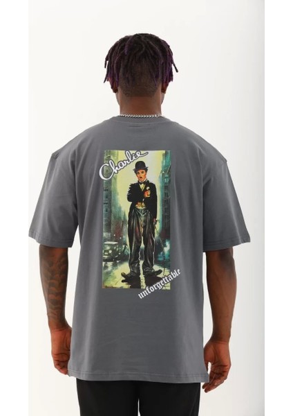 Oversize Baskılı Bisiklet Yaka T-Shirt - Füme