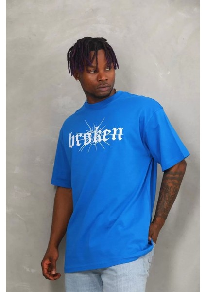 Oversize Baskılı Bisiklet Yaka T-Shirt - Mavi