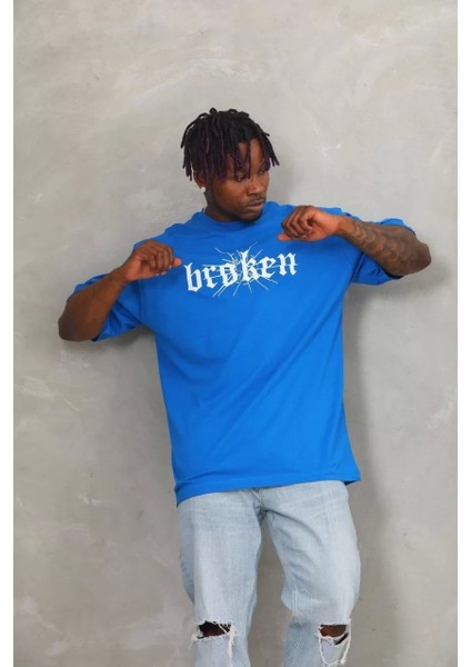 Oversize Baskılı Bisiklet Yaka T-Shirt - Mavi