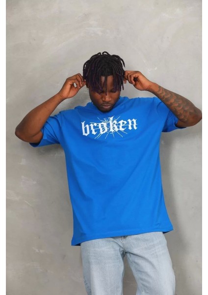 Oversize Baskılı Bisiklet Yaka T-Shirt - Mavi