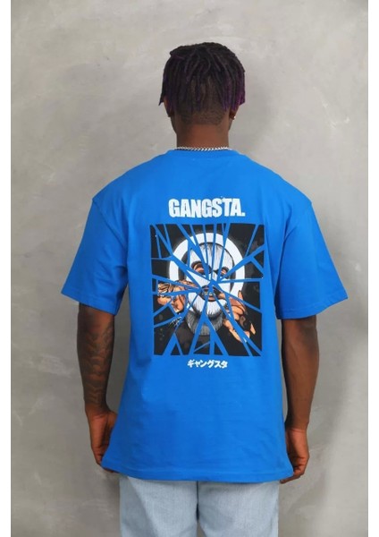 Oversize Baskılı Bisiklet Yaka T-Shirt - Mavi