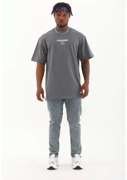 Oversize Baskılı Bisiklet Yaka T-Shirt - Füme modelleri