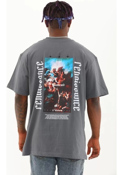 Oversize Baskılı Bisiklet Yaka T-Shirt - Füme indirimleri
