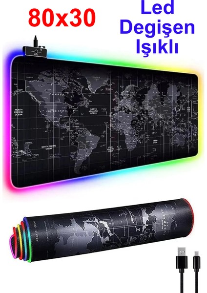 3126 Rgb Oyuncu Mousepad Rgb Gaming Oyuncu Mouse Pad Kaymaz Taban 80 x 30 Dünya Desenli