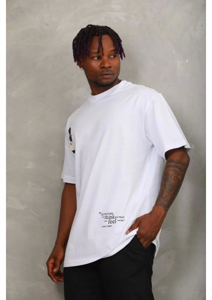 Oversize Baskılı Bisiklet Yaka T-Shirt - Beyaz fiyatları