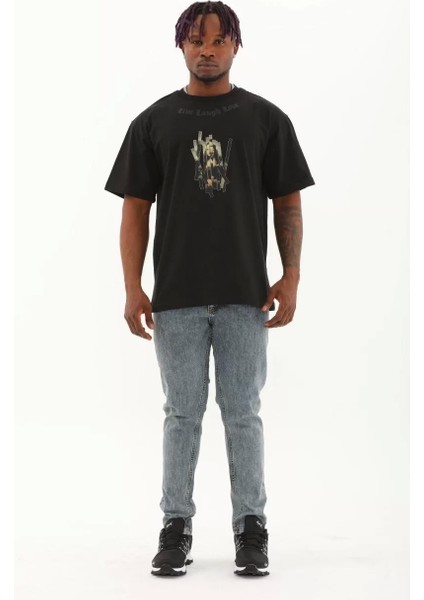 Oversize Baskılı Bisiklet Yaka T-Shirt - Siyah fırsatları