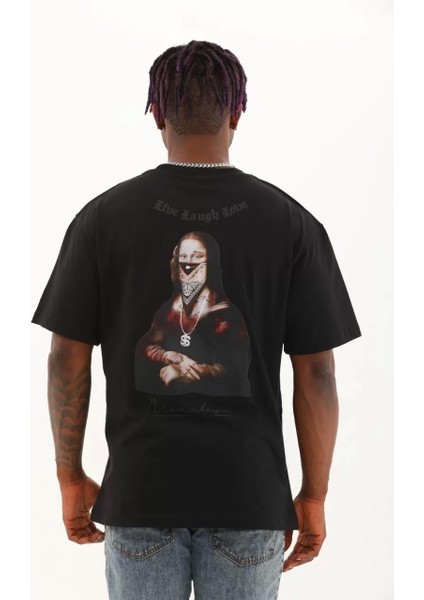 Oversize Baskılı Bisiklet Yaka T-Shirt - Siyah indirimleri