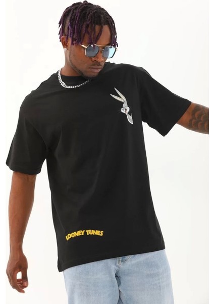 Oversize Baskılı Bisiklet Yaka T-Shirt - Siyah