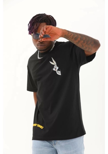 Oversize Baskılı Bisiklet Yaka T-Shirt - Siyah