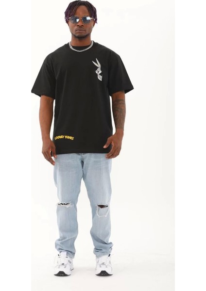 Oversize Baskılı Bisiklet Yaka T-Shirt - Siyah