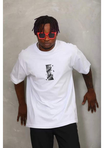 Oversize Baskılı Bisiklet Yaka T-Shirt - Beyaz modelleri