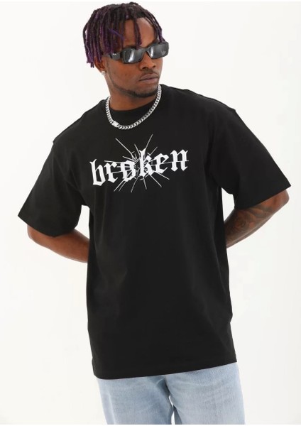 Oversize Baskılı Bisiklet Yaka T-Shirt - Siyah fiyatları