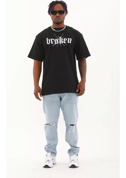 Oversize Baskılı Bisiklet Yaka T-Shirt - Siyah