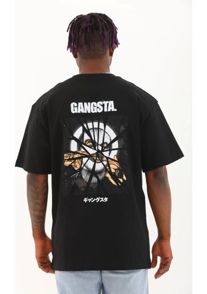 Oversize Baskılı Bisiklet Yaka T-Shirt - Siyah