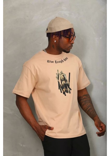 Oversize Baskılı Bisiklet Yaka T-Shirt - Bej