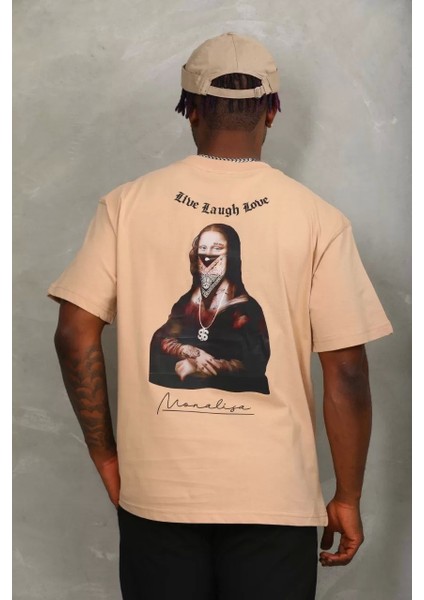 Oversize Baskılı Bisiklet Yaka T-Shirt - Bej
