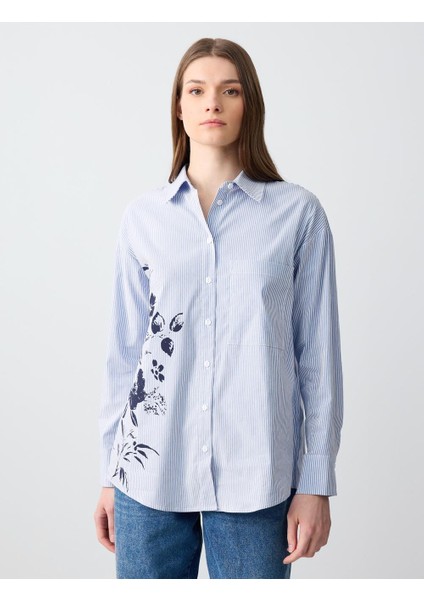 Mavi Düz Kesim Uzun Kollu Çiçek Desenli Çizgili Gömlek