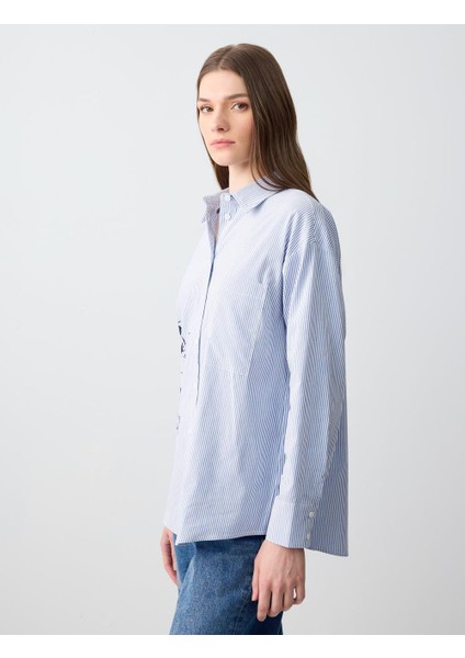 Mavi Düz Kesim Uzun Kollu Çiçek Desenli Çizgili Gömlek modelleri