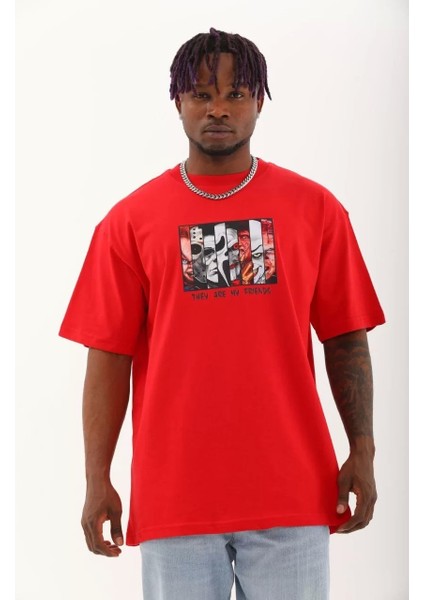 Oversize Baskılı Bisiklet Yaka T-Shirt - Kırmızı