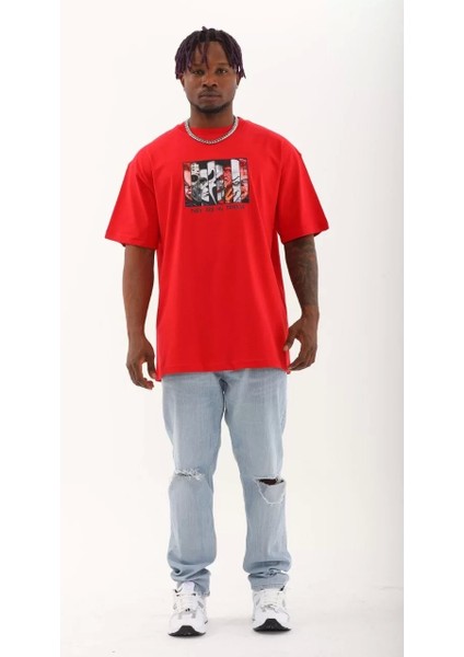 Oversize Baskılı Bisiklet Yaka T-Shirt - Kırmızı
