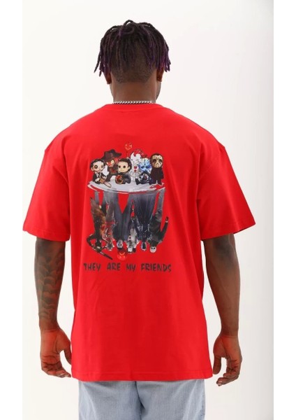 Oversize Baskılı Bisiklet Yaka T-Shirt - Kırmızı