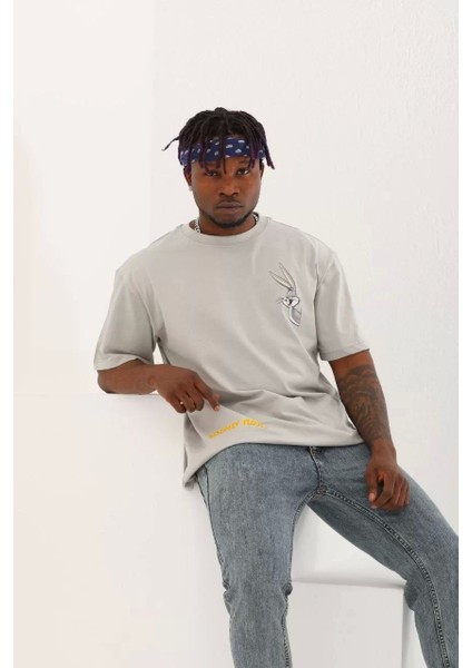 Oversize Baskılı Bisiklet Yaka T-Shirt - Gri
