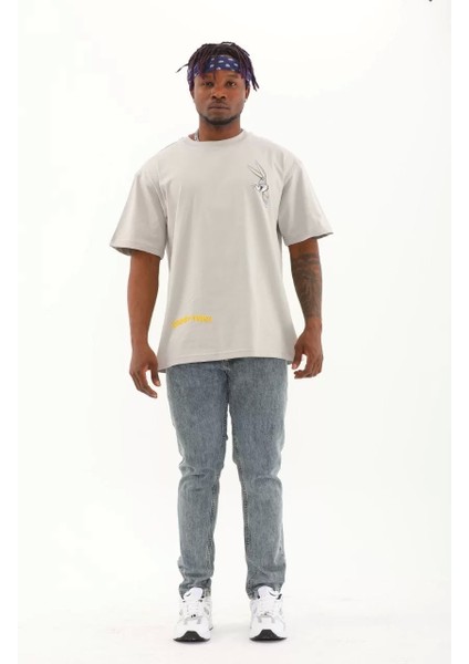 Oversize Baskılı Bisiklet Yaka T-Shirt - Gri