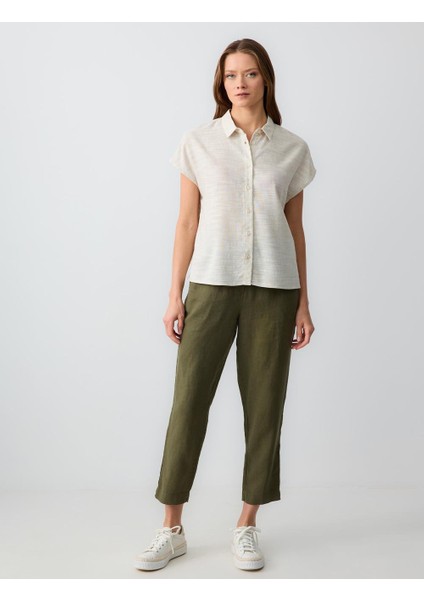 Taş Kısa Kollu Düz Kesim Keten Gömlek fiyatları