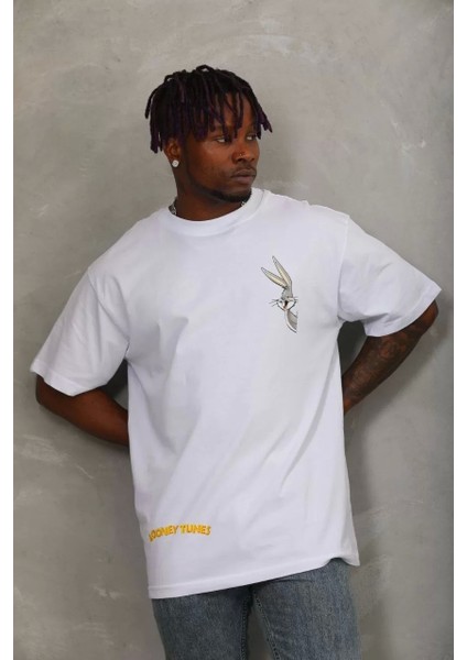Oversize Baskılı Bisiklet Yaka T-Shirt - Beyaz fiyatları