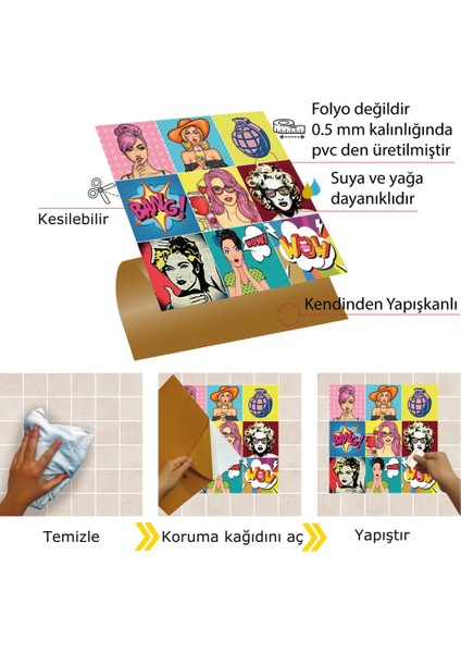 Kendinden Yapışkanlı Karma Pop Art Desenli Pvc Karo 30X30 cm (33 Adet) 3m2