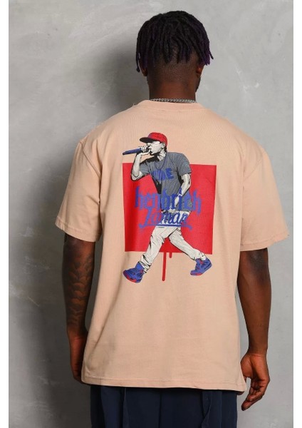 Oversize Baskılı Bisiklet Yaka T-Shirt - Bej