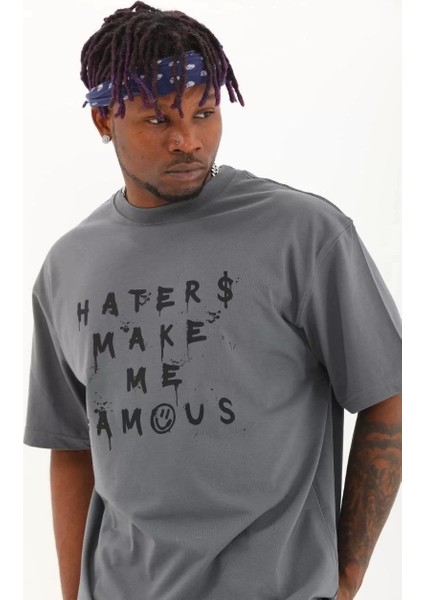 Oversize Baskılı Bisiklet Yaka T-Shirt - Füme