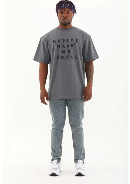 Oversize Baskılı Bisiklet Yaka T-Shirt - Füme