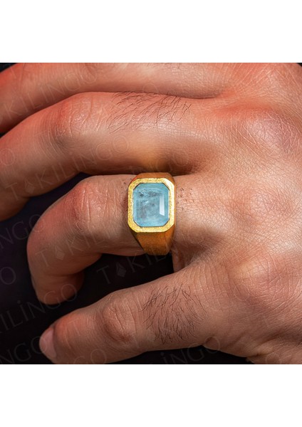925 Ayar Gümüş Altın Kaplama Mavi Paraiba Taşlı Sade Erkek Yüzük