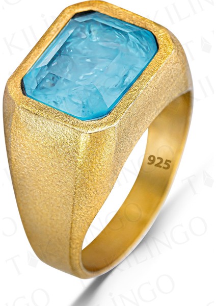 925 Ayar Gümüş Altın Kaplama Mavi Paraiba Taşlı Sade Erkek Yüzük fiyatları